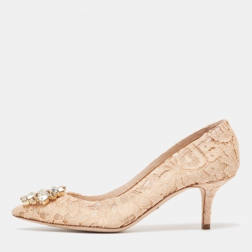 Pre Owned Dolce & Gabbana Beige Lace and Mesh Bellucci Pumps Size 37