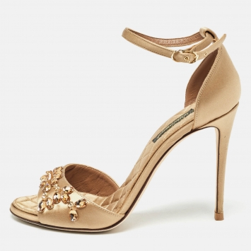Pre Owned Dolce & Gabbana Gold Satin Crystal Embellished Ankle Strap Sandals Size 37