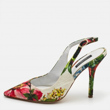 Pre Owned Dolce & Gabbana Multicolor Printed Brocade Fabric Slingback Pumps Size 37