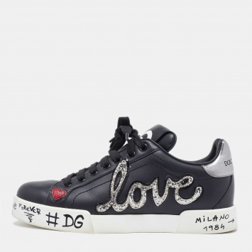 Pre Owned Dolce & Gabbana Black Leather Love Patch and Graffiti Low Top Sneakers Size 37