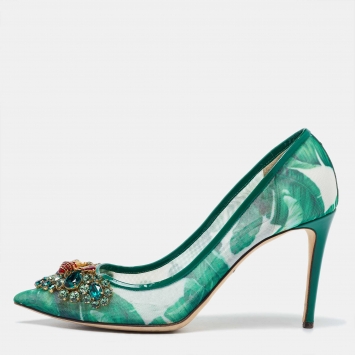 Pre Owned Dolce & Gabbana Green Mesh and Patent Leather Crystal Embellished Pointed Toe Pumps Size 39.5