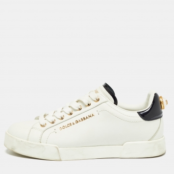 Pre Owned Dolce & Gabbana White Leather Portofino Pearl Embellished Low Top Sneakers Size 38