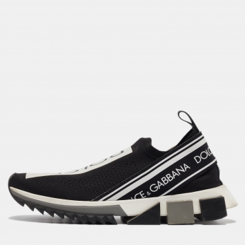 Pre Owned Dolce & Gabbana Black/White Knit Fabric Sorrento Slip On Sneakers Size 38