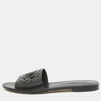 Pre Owned Dolce & Gabbana Black Leather DG Laser Cut Flat Slides Size 39