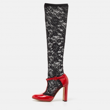 Pre Owned Dolce & Gabbana Red/Black Patent Leather and Lace Socks Ankle Strap Pumps Size 41