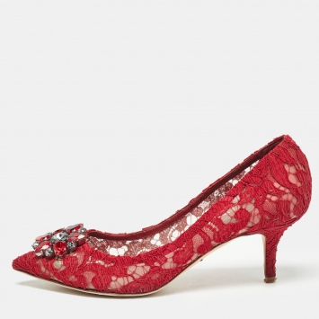 Pre Owned Dolce & Gabbana Red Lace Crystal Embellished Bellucci Pointed Toe Pumps Size 40