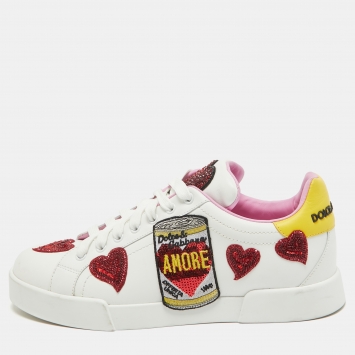 Pre Owned Dolce & Gabbana White/Yellow Leather Amore Heart Embroidered Low Top Sneakers Size 41