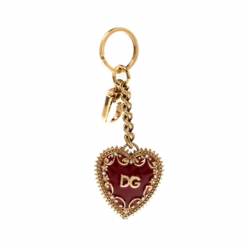 Pre Owned Dolce and Gabbana Red Heart Charm Textured Gold Tone Key Chain
