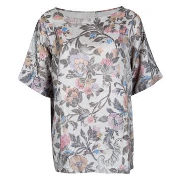 Pre Owned Dries Van Noten Grey Floral Printed Silk Short Sleeve Top L
