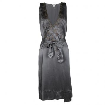 Pre Owned Dries Van Noten Grey Silk Embellished Embroidered Sleeveless Belted Dress S