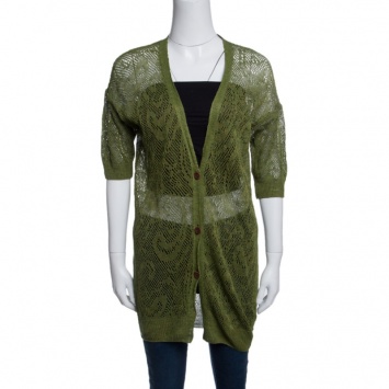 Pre Owned Dries Van Noten Green Perforated Knit Short Sleeve Cardigan S