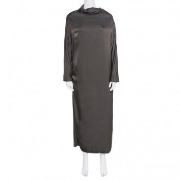 Pre Owned Dries Van Noten Olive Green Satin Zipped High Neck Dolman Sleeve Dress  L