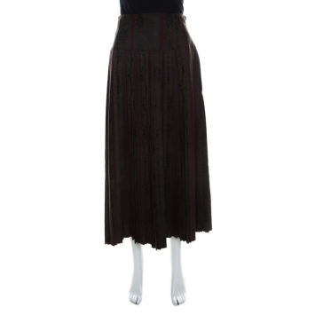 مملوكة مسبقًا Dries Van Noten Olive Green and Burgundy Silk Brocade Pleated Skirt L 
