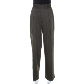 مملوكة مسبقًا Dries Van Noten Khaki Green Cotton Buckle Detail Wide Leg Trousers L
