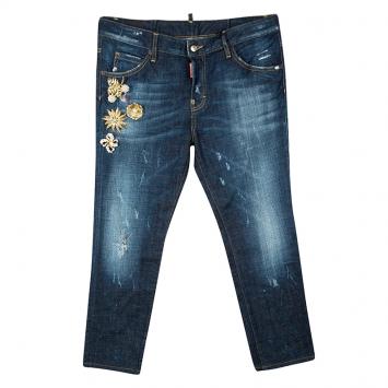 Pre Owned Dsquared2 Indigo Dark Wash Denim Embellished Distressed Cool Girl Jeans L