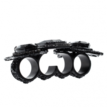 Pre Owned Dsquared2 Black Crystal Textured Metal Multi Finger Cocktail Ring Size 58