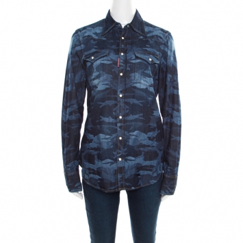 Pre Owned Dsquared2 Indigo Dark Wash Camouflage Effect Denim Shirt L