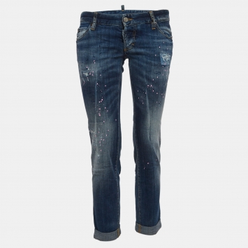 Pre Owned Dsquared2 Blue Paint Splashed Distressed Denim Skinny Jeans M Waist 32''