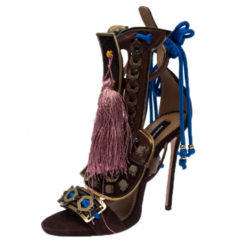 Pre Owned Dsquared2 Brown Suede Leather Embellished Ankle Wrap Sandals Size 39