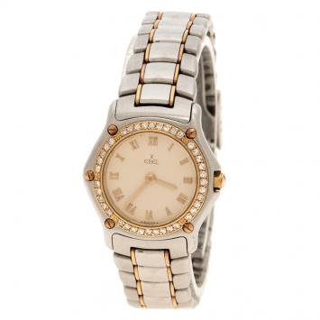 Pre Owned Ebel Cream Yellow Gold & Stainless Steel Diamonds 1911 Women's Wristwatch 24 mm