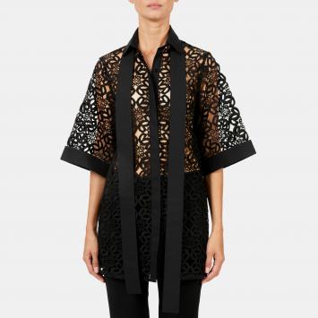 Pre Owned Elie Saab Black Macrame Lace Short Sleeve Buttoned Down Shirt L