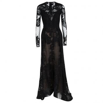 Pre Owned Elie Saab Black Floral Lace Long Sleeve Gown S