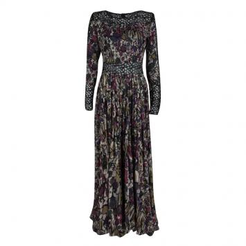Pre Owned Elie Saab Floral Printed Silk Lace Insert Long Sleeve Maxi Dress M
