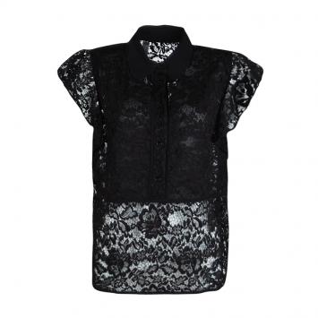 Pre Owned Elie Saab Black Floral Lace Ruffled Sleeve Detail Shirt M