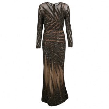 Pre Owned Elie Saab Dark Green Embellished Tulle Long Sleeve Gown S