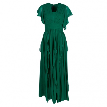 Pre Owned Elie Saab Green Silk Chiffon Flutter Sleeve Gathered Evening Gown S
