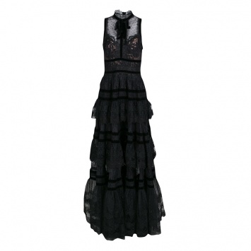 Pre Owned Elie Saab Black Velvet Trim Tiered Floral Lace Gown M