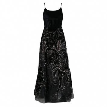 Pre Owned Elie Saab Black Velvet and Tulle Sequin Embellished Evening Gown S