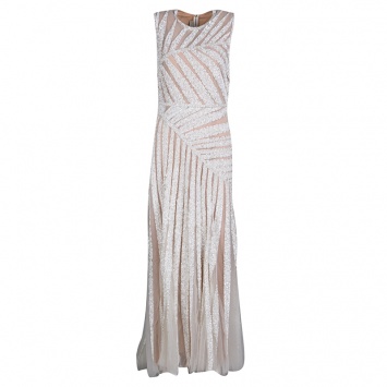 Pre Owned Elie Saab Ivory Palm Leaf Pattern Embellished Sleeveless Tulle Gown S