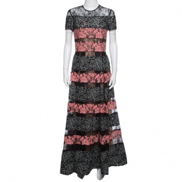 Pre Owned Elie Saab Black and Salmon Pink Paneled Floral Embroidered Tulle Gown S