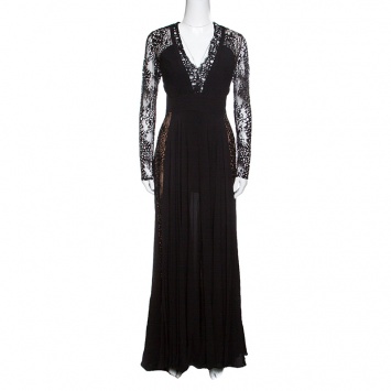 Pre Owned Elie Saab Black Lace Paneled Plunge Neck Long Sleeve Gown M