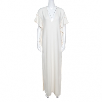 Pre Owned Elie Saab Off White Ladder Lace Ruffled Sleeve Slit Detail Dress S