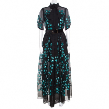 Pre Owned Elie Saab Black and Blue Lurex Heart Patterned Skirt and Blouse Set S