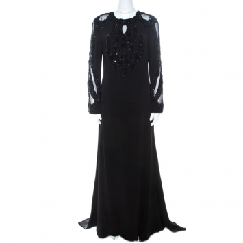 Pre Owned Elie Saab Black Embellished Silk Blend Evening Gown M