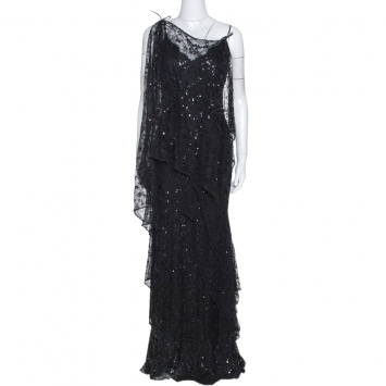 Pre Owned Elie Saab Vintage Black Lace Sequin Embellished Layered Gown S
