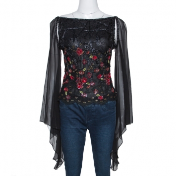 Pre Owned Elie Saab Black Embellished Lace Sheer Sleeve Blouse S