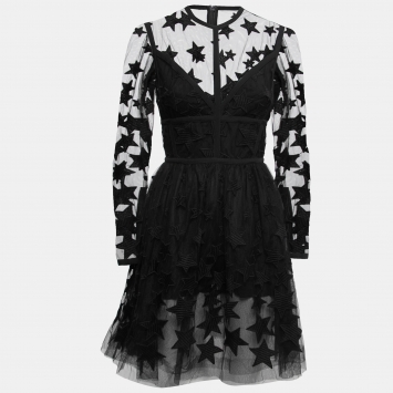 Pre Owned Elie Saab Black Star-Embroidered Tulle Mini Dress M
