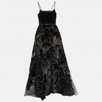 Pre Owned Elie Saab Black Sequin Embellished Velvet and Tulle Strap Gown S