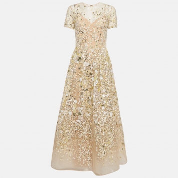 Pre Owned Elie Saab Embroidered Mesh Beige Gown S