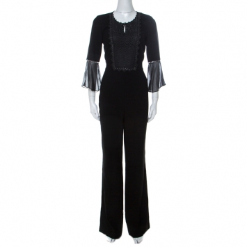 Pre Owned Elie Tahari Black Crepe Chain Bead Embellished Bell Sleeve Jumpsuit M