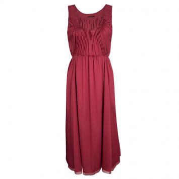 Pre Owned Elie Tahari Red Silk Pleated Tie Detail Sleeveless Dress L