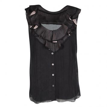 Pre Owned Elie Tahari Black Silk Contrast Ruffle Detail Sleeveless Top S