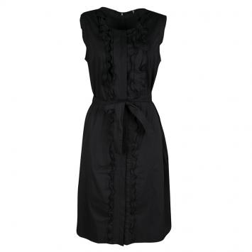 Pre Owned Elie Tahari Black Ruffle Detail Belted Sleeveless Martha Dress L