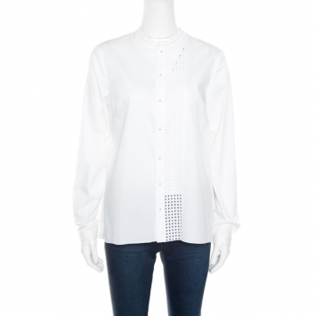 مملوكة مسبقًا Elie Tahari White Eyelet Panel Insert Long Sleeve Blouse S