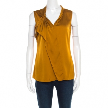 مملوكة مسبقًا Elie Tahari Mustard Satin Knotted Shoulder Detail Sleeveless Top M