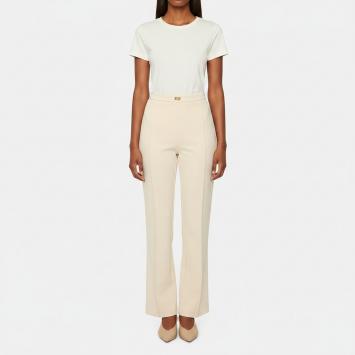 Pre Owned Elisabetta Franchi Beige Stretch Crepe Wide Leg Trousers L